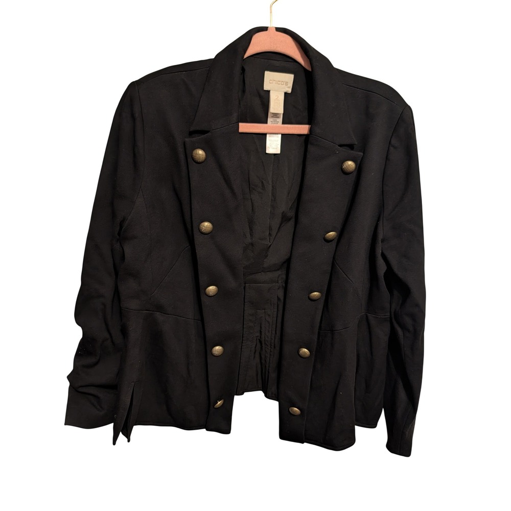 Chico's Black Military Style Open Front Blazer Jacket Petite Size 2 L Large